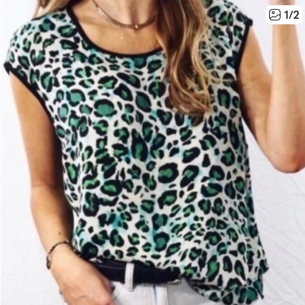 CAbi Green and Black Leopard Print Short Sleeve Top